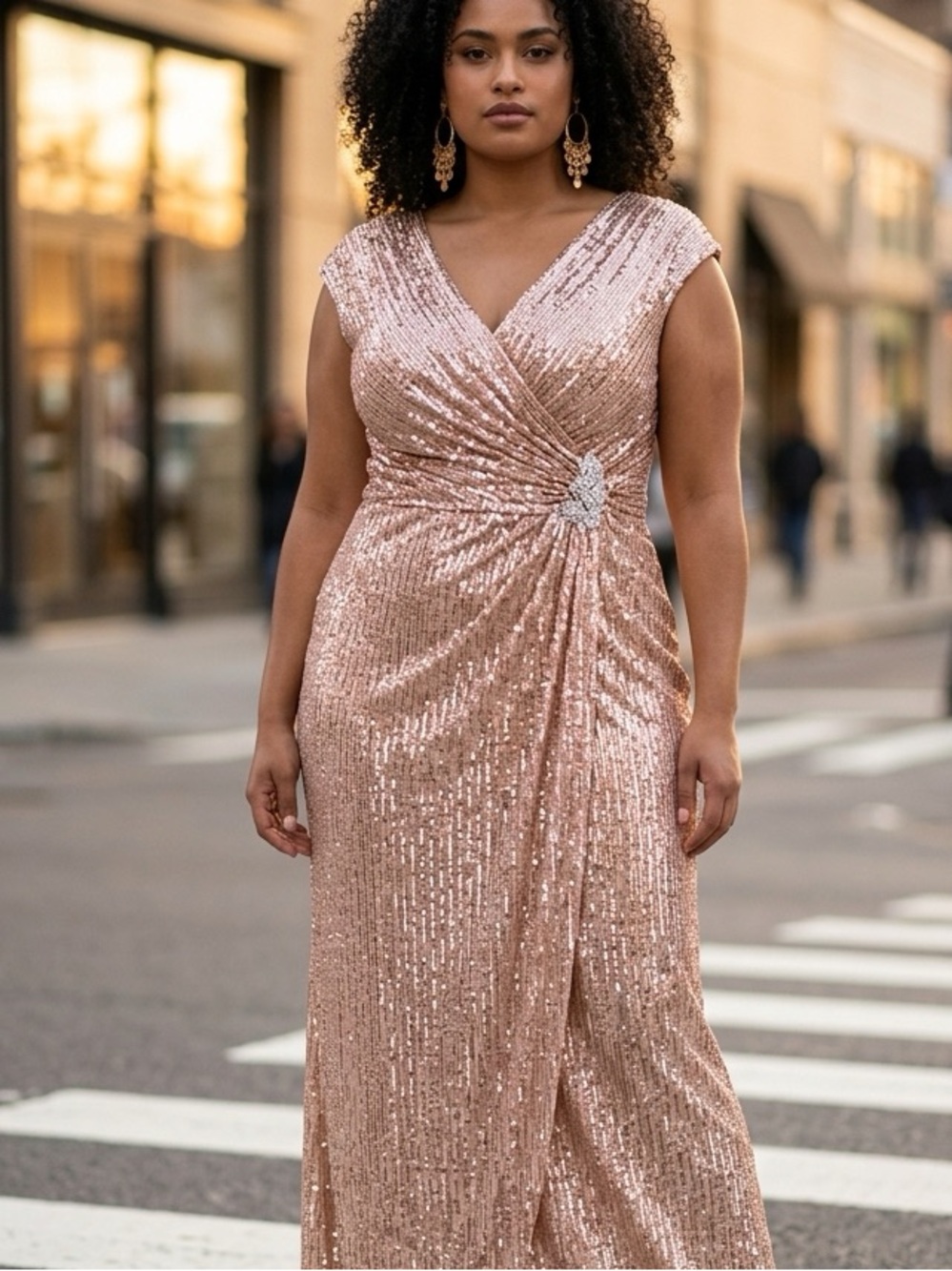 Blush Rose Gold Sequin Gown with Silver Accent at Waist
